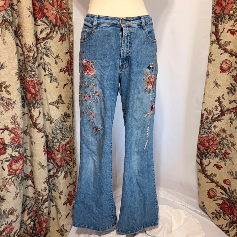 TC Temche Blue Floral Embroidered Flared Jeans with birds flower and butterflies